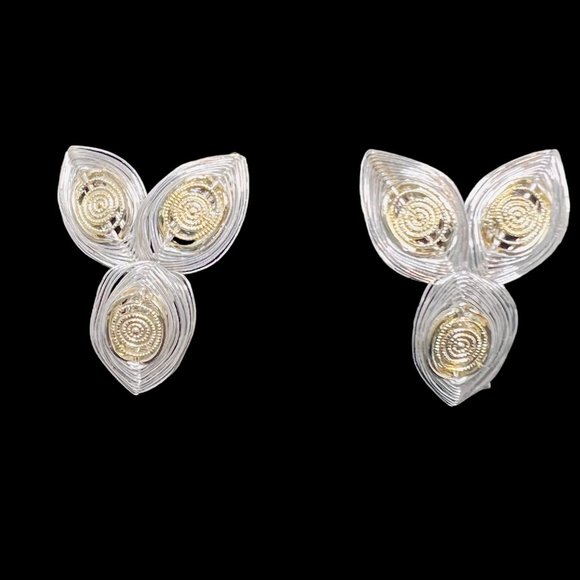 Silver Tone And Gold Tone Wire Wrapped Leaf Clip On Earrings & Brooch Set (4604) - Picture 4 of 7